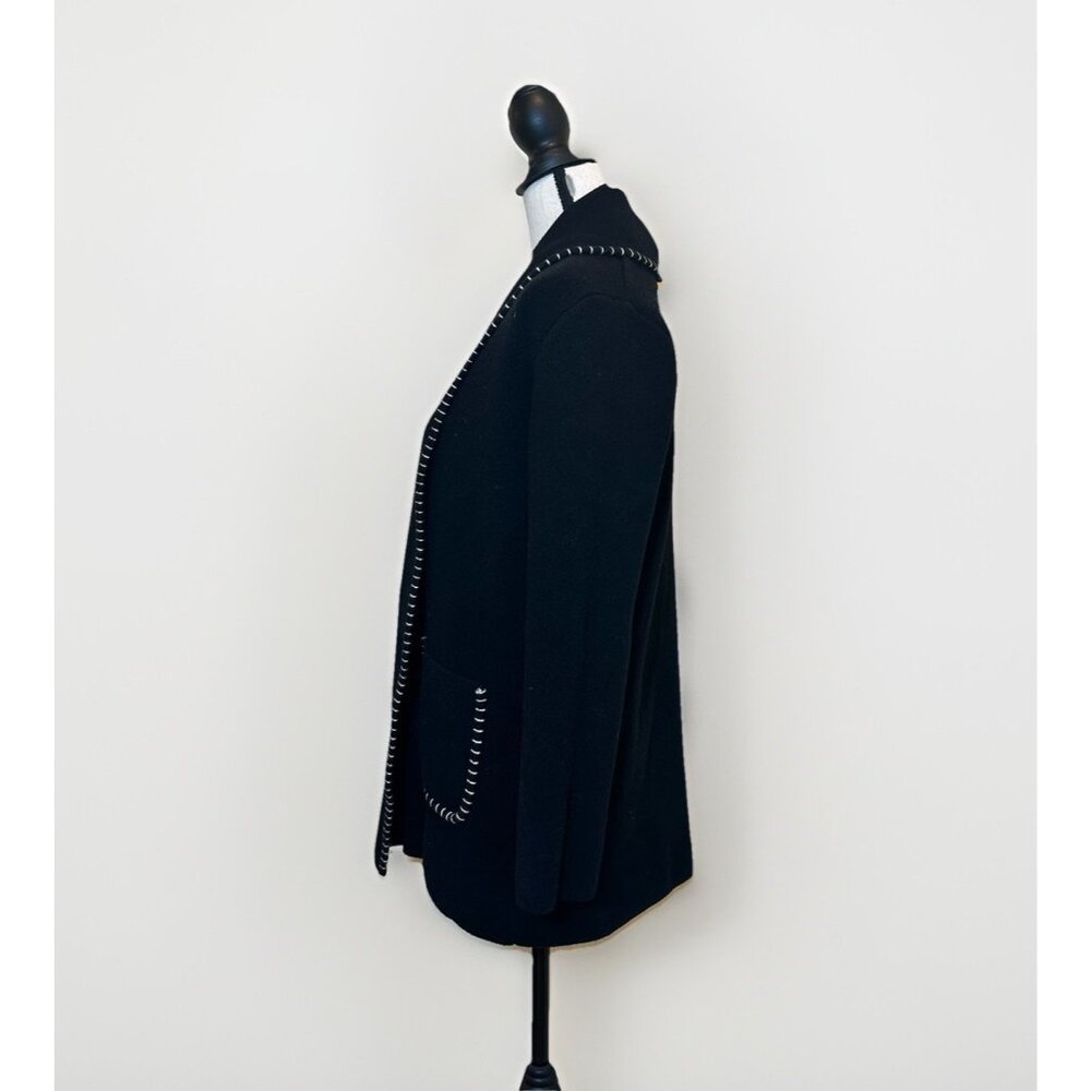 Magaschoni Sweater Women’s Large Black Cardigan White Stitch Trim Front Pockets - Picture 3 of 9